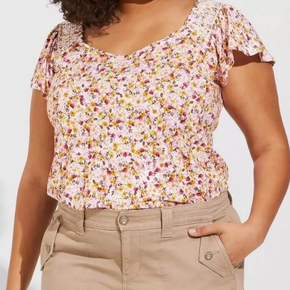 TORRID Super Soft Smocked Flutter Sleeve Flroal Top